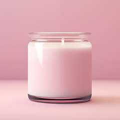 Transparent glass candle jar on a pale pink background, candle jar mockup closeup shot, Generative AI