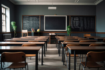 A classroom with a chalkboard, desks, and chairs, creating a conducive environment for learning.