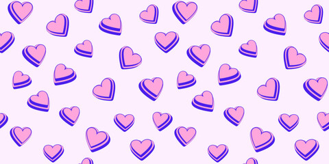 Trendy vibrant seamless pattern with cute 3d hearts. Colorful Valentine, love, wedding  light background. Vector hand drawn creative silhouettes shape heart. Design for textile, fashion, surface