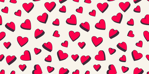 Trendy seamless pattern with cute 3d hearts. Vector red shape silhouettes heart on a light background. Valentine, love wedding printing. Design for textile, fashion, surface design, fabric