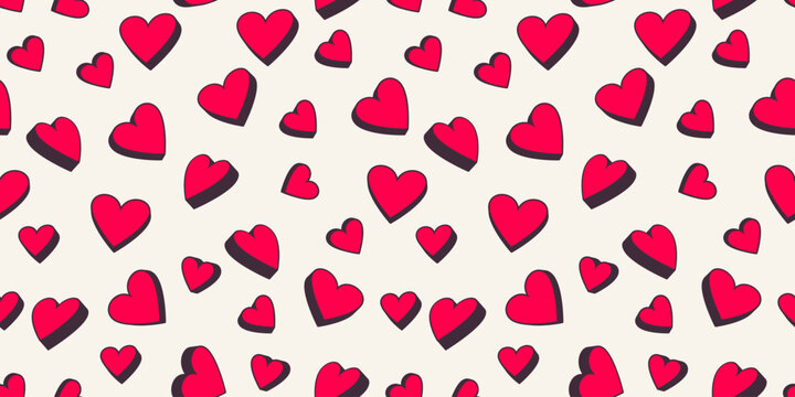 Trendy seamless pattern with cute 3d hearts. Vector red shape silhouettes heart on a light background. Valentine, love wedding printing. Design for textile, fashion, surface design, fabric