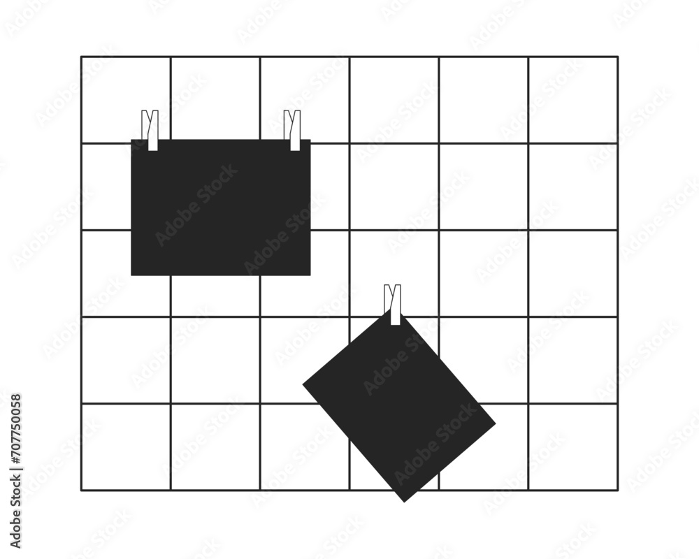 Poster wall grid panel sticky notes 2d linear cartoon object. hanging post-it notes isolated line vector el