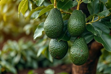 Avocado tree with lush green leaves, rich brown trunk, and hanging fruit. Garden backdrop, daylight