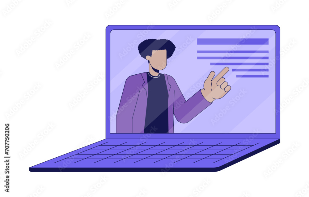 Poster virtual teacher laptop 2d linear cartoon object. seminar e-learning. online lecturer notebook isolat