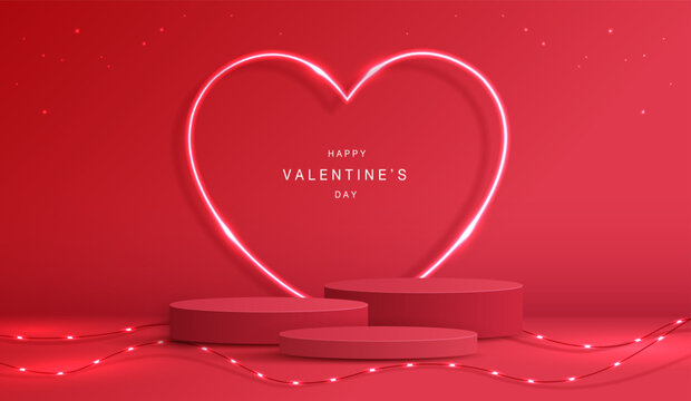 Happy valentines day and stage podium decorated with heart shape. pedestal scene with for product, cosmetic, advertising, show, award ceremony, on red background and light. vector design.
