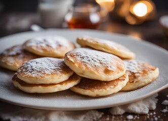 Stack of Poffertjes a traditional Dutch pancake with sugar powder