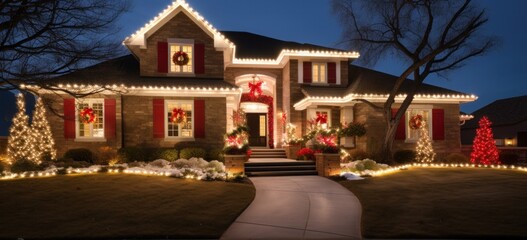 Decorated house with festive Christmas lights at night. Holiday home decoration.