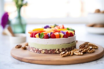 Obraz na płótnie Canvas three-layer raw vegan cheesecake with visible nuts and fruits