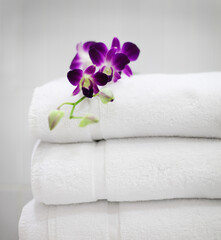 Purple orchid on white towels