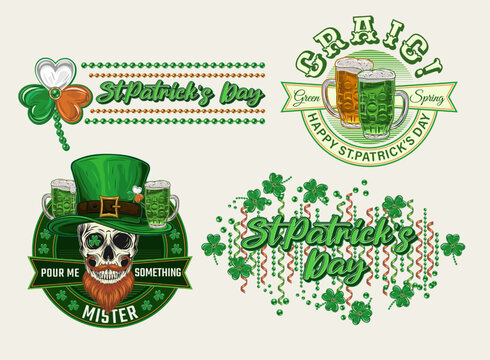 St Patricks Day colorful Labels with holiday objects, text on white background. Skull, beer, bead string, shamrock leaves For clothing, apparel, T-shirts, holiday stuff, goods decoration Vintage style