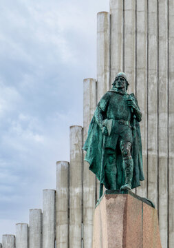 Statue of Leif Erikson against cloudy sky