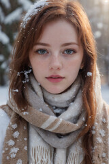 Frost-Kissed Beauty: Portrait of a Ginger Woman in the Snow