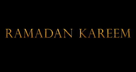Golden Happy Ramadan Kareem typographic animation black bg. Celebration of holy month of Ramazan. Spiritual Islamic Arabic calligraphic golden text motion graphic. Luxurious religion lettering bg.
