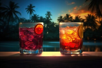 Two exotic hawaii cocktails in rays of sun on blurred tropical background. Long drink or summer cold mocktail. Fresh summer cold alcohol drinks. romantic date or honeymoon in hotel. Travel concept