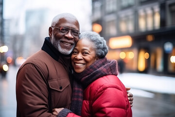 Happy black man hugging wife on city street. Happy elderly couple with joyful emotions
