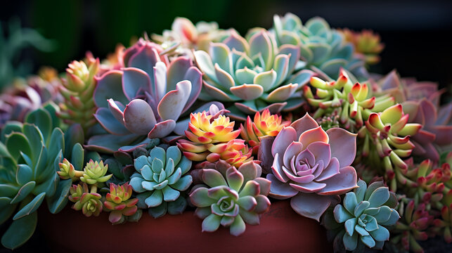 Colourful succulent plants background. Echeveria and other  succulent plants ciomposition in pot. 