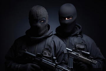 Holdup Drama: Masked Robbers with Handguns - obrazy, fototapety, plakaty
