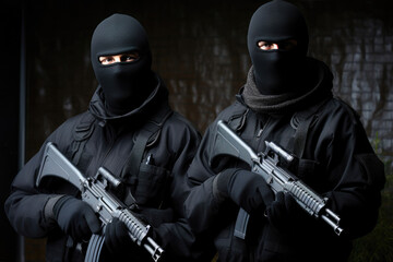 Hostile Takeover: Masked Gunmen on the Prowl - obrazy, fototapety, plakaty