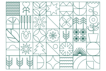 Modern geometric outline background, pattern. Abstract flowers, shapes. Bauhaus