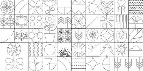 Modern geometric outline background, pattern. Abstract leaves, flowers, shapes. Bauhaus