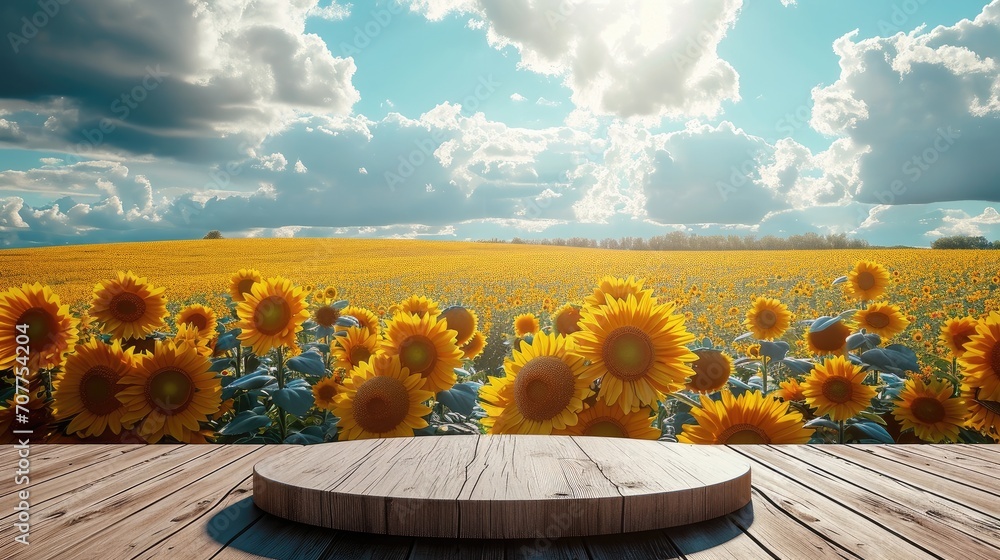 Aufkleber Platform and Natural podium backdrop with sunflower field, Cloud and sky background for product display. Generative AI.