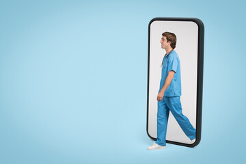 Male healthcare worker in virtual space, telemedicine, free space