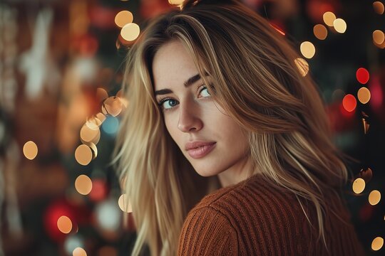 Beautiful woman with blond hair looking at camera in night. Ai generative