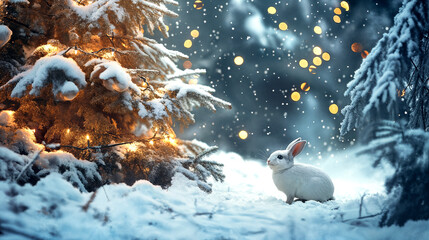 A white rabbit sitting in the snow. Ai generated.