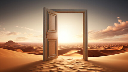 Opened door in desert background startup concept