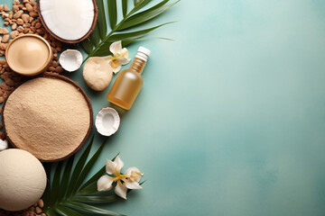 Top view of natural cosmetics, ingredients or spa accessories arranged on banner background.
