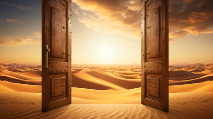 Opened door in desert background startup concept