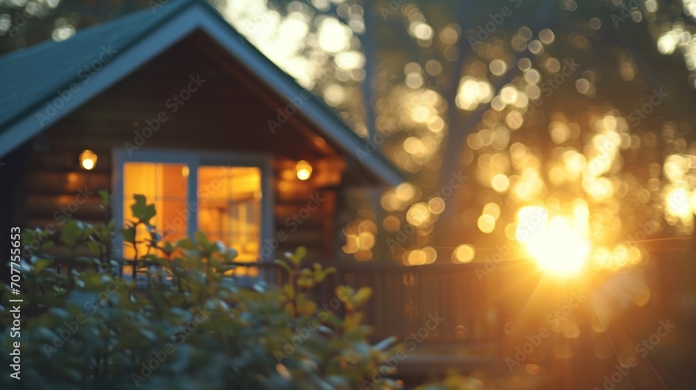 Poster a small cabin with a window and some trees in the background, ai