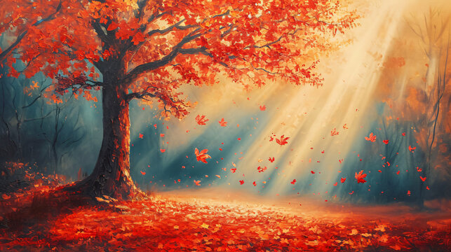 Painting of autumn tree and red leaves in sun ray