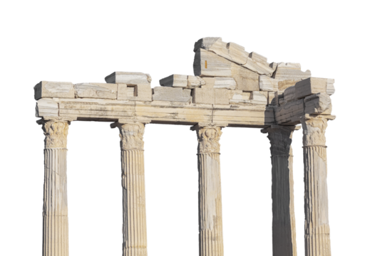 Temple of Apollo in ancient Side (Turkey). Entablature of the ruined temple with stone-cut relief on the frieze. Isolated, white background. History, art or architecture concept