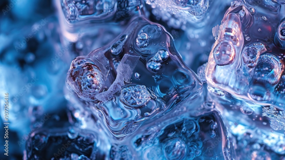 Poster a close up of a bunch of ice cubes with water in them, ai