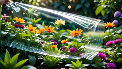 Transparent plastic wrap unveiling a vibrant mix of garden treasures
