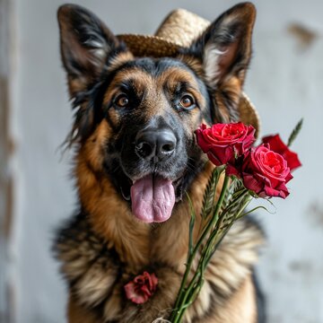 A German Shepherd dog, with red rose, smiling, happy expression, cute, bring happiness,Red rose, Valentine's Day, postcard, birthday,on white background 