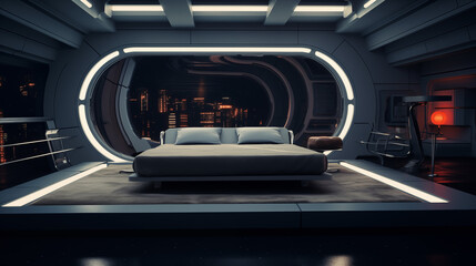 Futuristic bedroom interior with a night city view outside the window