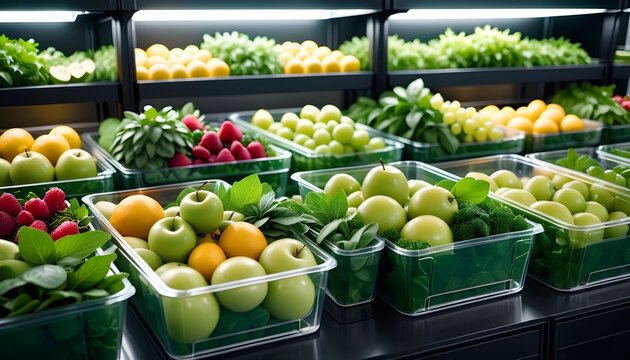 Wholesome greens and vibrant fruits neatly contained in clear boxes