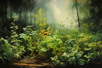 Oil painting of baltic herbs on canvas with green and yellow tones and natural details