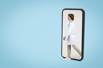 Man doctor stepping out of smartphone, healthcare concept