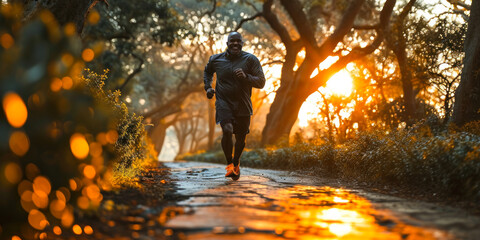 Fototapeta premium Joyful Senior African American Man Enjoying a Healthy Lifestyle with an Early Morning Run in a Sunlit Park, Embodying Vitality and Happiness