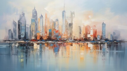 Skyline city view with reflections on water: a unique oil painting on canvas inspired by urban beauty