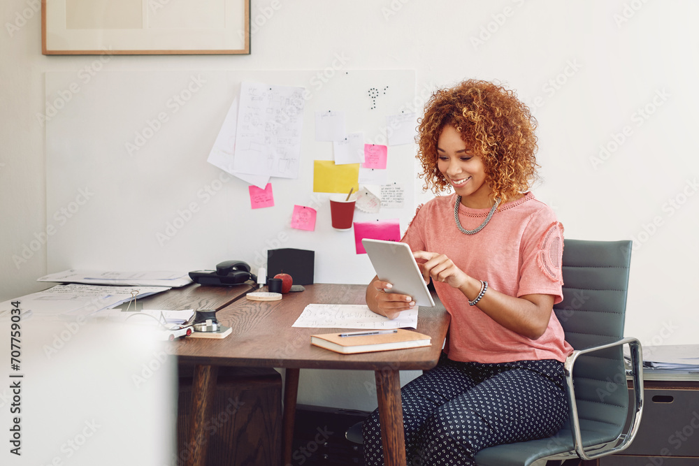 Poster happy woman, networking or designer with tablet for research or analysis online on website. communic