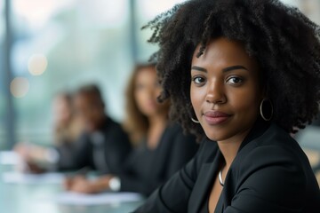Black business woman giving a speech in a boardroom meeting, close up