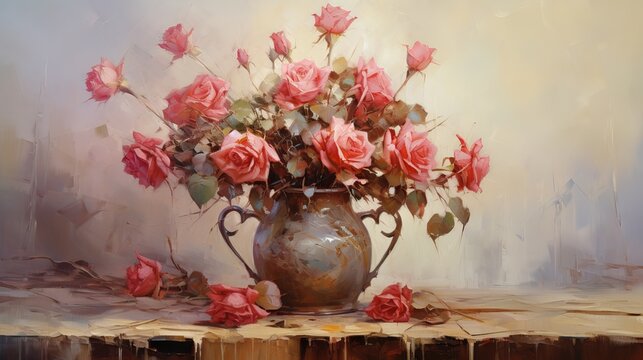 Oil painting of a vase with red roses and green leaves on a wooden table