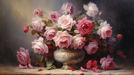 Oil painting of a vase with red roses and green leaves on a wooden table