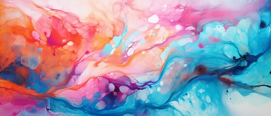 Abstract marbled acrylic paint ink waves texture with bold rainbow colors. Colorful background banner with swirls and curves - obrazy, fototapety, plakaty