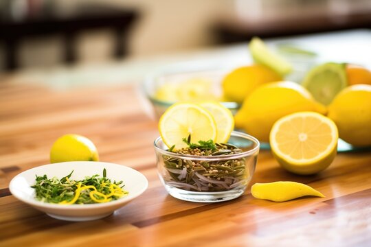 sprouted seeds with sliced avocado and lemon wedge