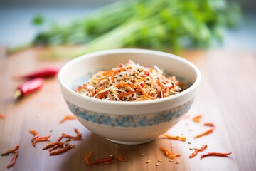 sprouted seeds with red bell pepper strips in a bowl